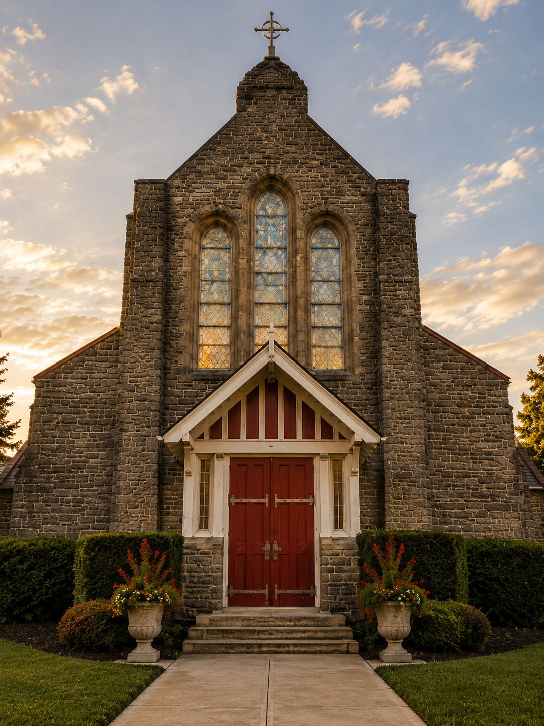 The red front doors of St. James' Episcopal Church at golden hour.