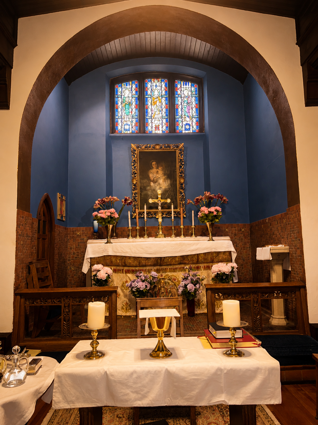 The Lady Chapel altar at St. James' Episcopal Church, with chalice and candles prepared for the Holy Eucharist.