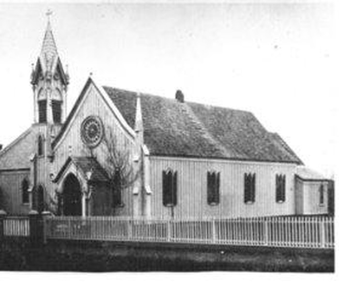 The original wooden church, c. 1855