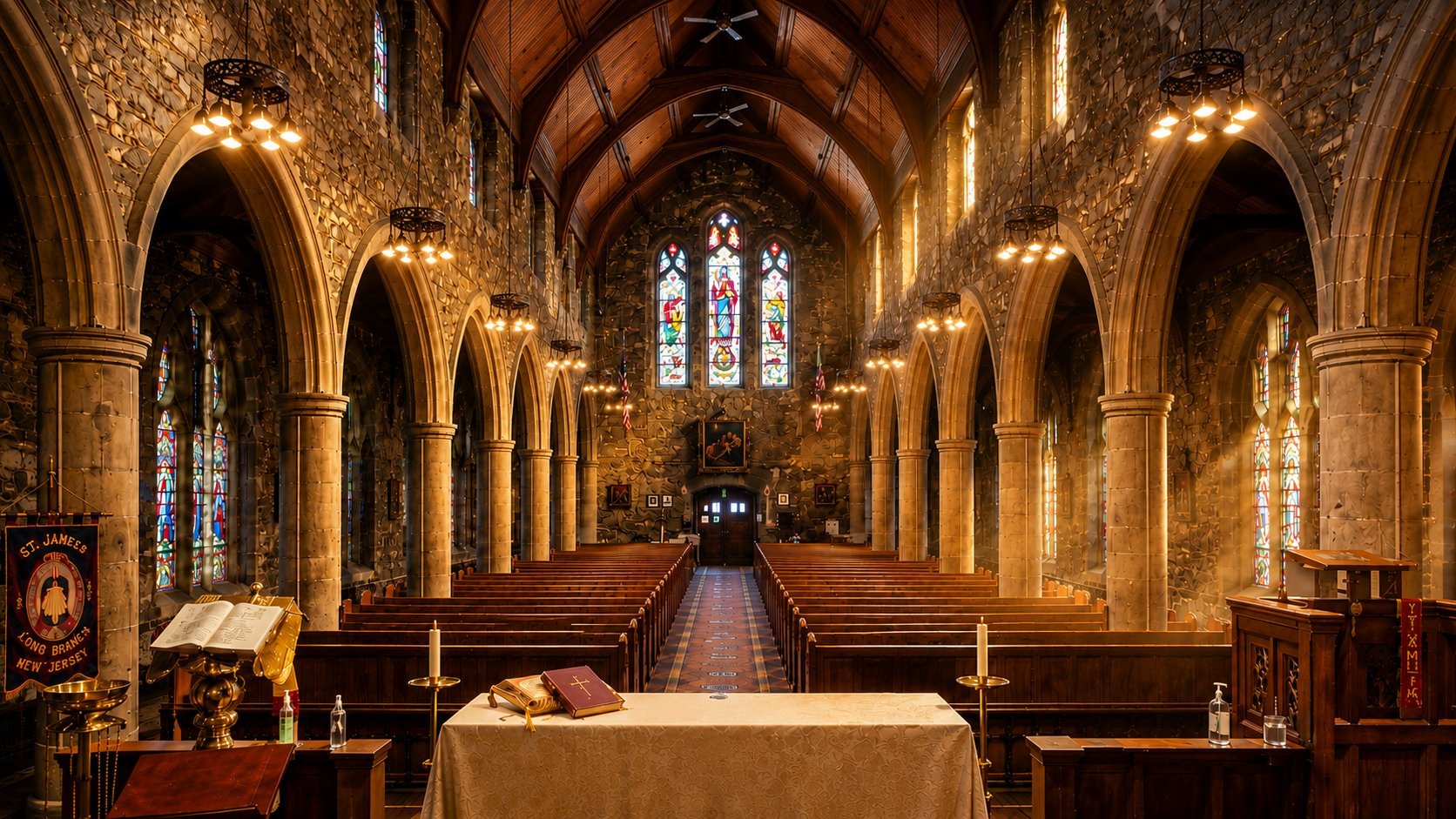 Interior of St. James' Episcopal Church looking toward the altar and stained glass